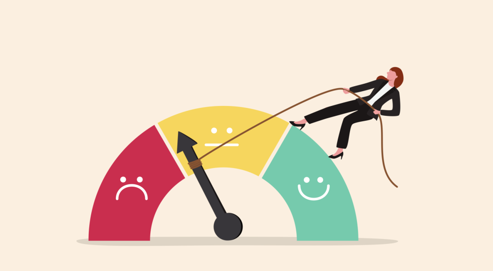 Animation Of A Businesswoman Standing On A Bad/good/medium Chart And Pulling The Arrow Toward Good